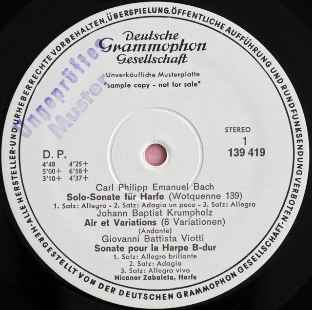 【白レーベル/非売品(テストプレス)】　サバレタのハープ作品集　（C.P.E.バッハ、クルムホルツ、ヴィオッティ ほか）　独DGG　3716　LP レコード