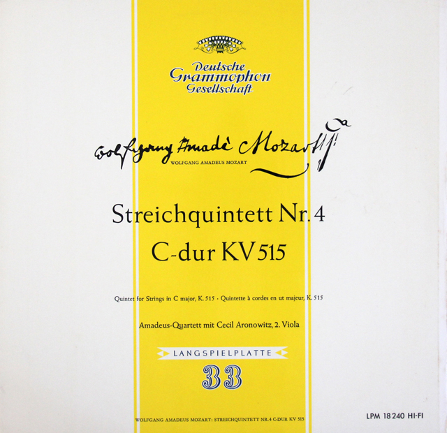 【モノラル】　アマデウス四重奏団、アロノヴィッツのモーツァルト/弦楽五重奏曲第3番　独DGG　3717　LP レコード