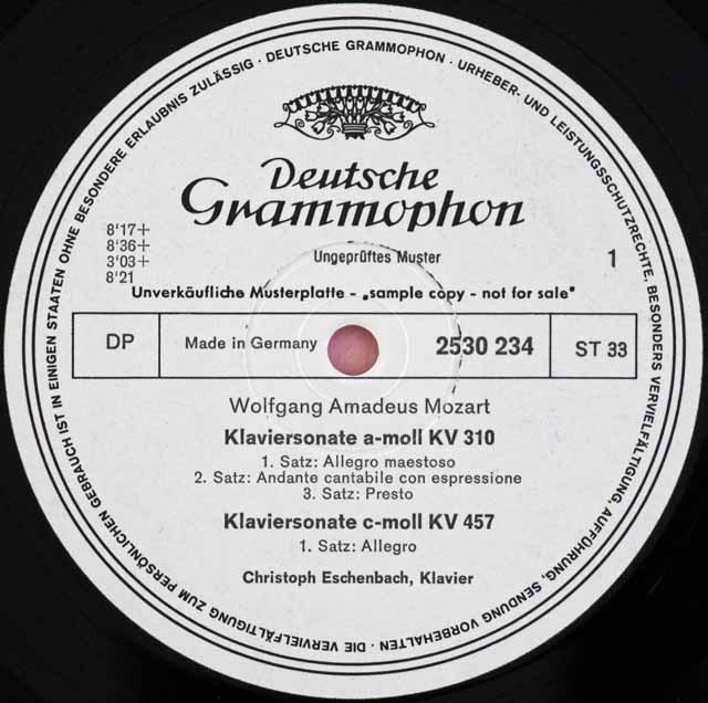 【白レーベル/非売品(テストプレス)】　エッシェンバッハのモーツァルト/ピアノソナタ集　独DGG　3722　LP レコード