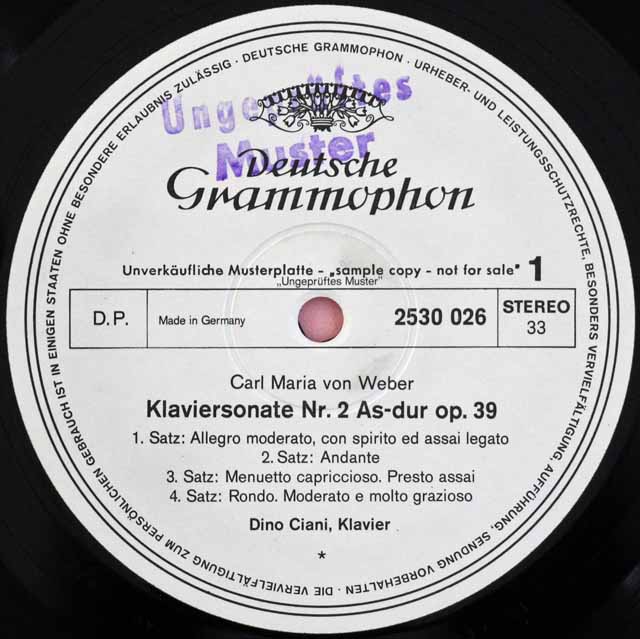 【白レーベル/非売品(テストプレス)】　チアーニのウェーバー/ピアノソナタ集　独DGG　3722　LP レコード