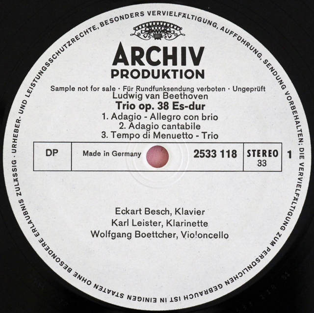 【白レーベル/非売品】　ライスターらのベートーヴェン/三重奏曲（原曲・七重奏曲）　独ARCHIV　3723　LP レコード