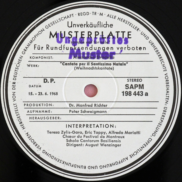 【白レーベル/非売品(テストプレス)】　ヴェンツィンガーのストラデッラ/クリスマス・カンタータ　独ARCHIV　3723　LP レコード