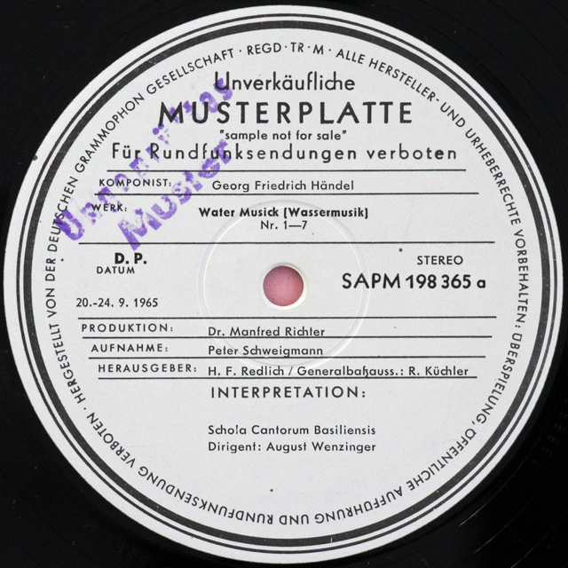 【白レーベル/非売品(テストプレス)】　ヴェンツィンガーのヘンデル/「水上の音楽」　独ARCHIV　3724　LP レコード