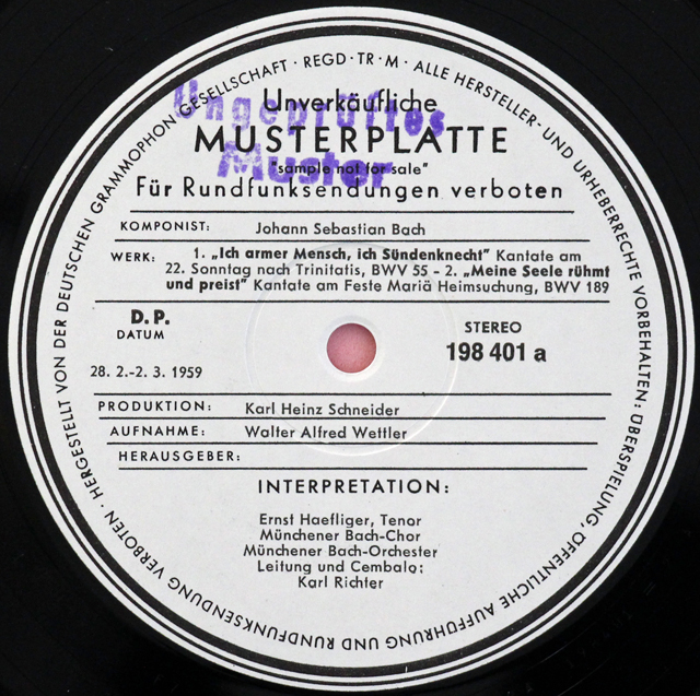 【白レーベル/非売品(テストプレス)】　リヒター、トーマスのバッハ/カンタータ＆モテット集　独ARCHIV　3724　LP レコード