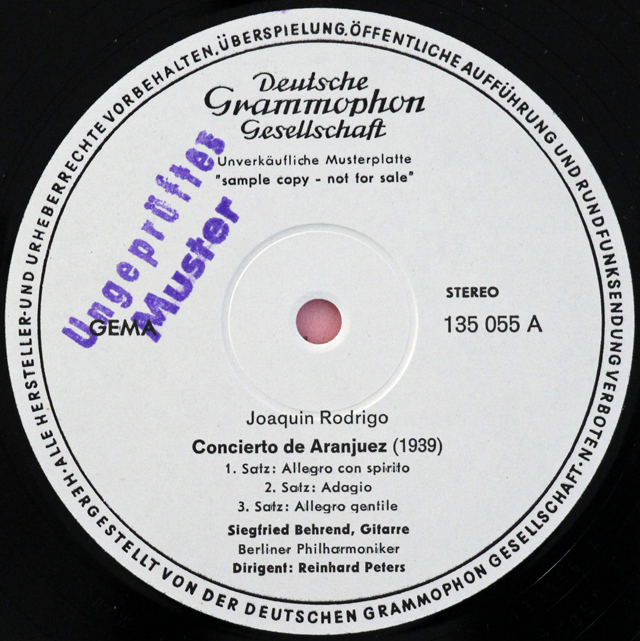 【白レーベル/非売品(テストプレス)】　ベーレントのロドリーゴ/アランフェス協奏曲 ほか　独DGG　3724　LP レコード