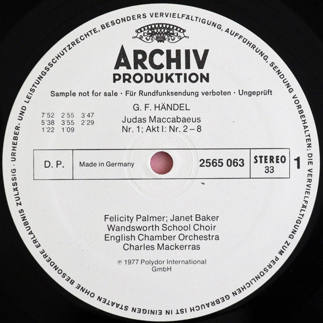 【白レーベル/非売品】　マッケラスのヘンデル/オラトリオ「マカベウスのユダ」　独ARCHIV　3725　LP レコード