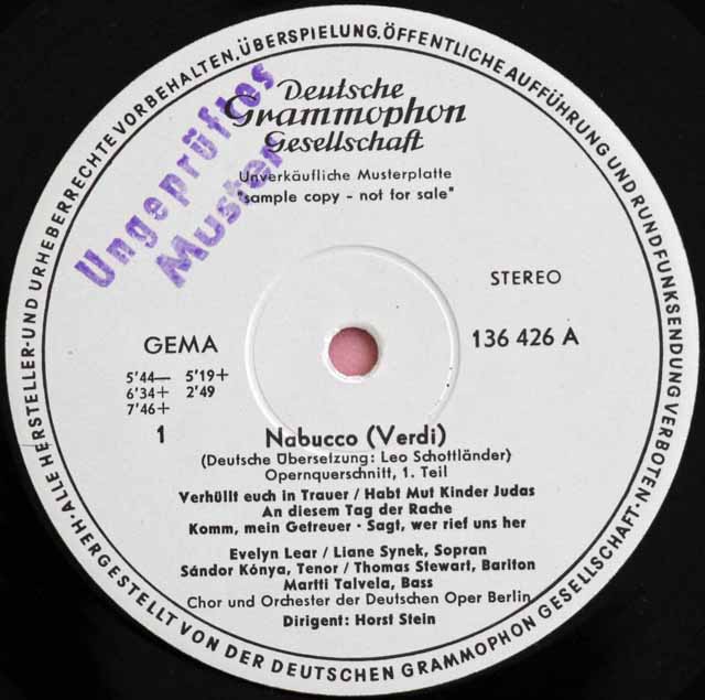 【白レーベル/非売品(テストプレス)】　リアー、コンヤ、シュタインらのヴェルディ/「ナブッコ」抜粋　独DGG　3726　LP レコード