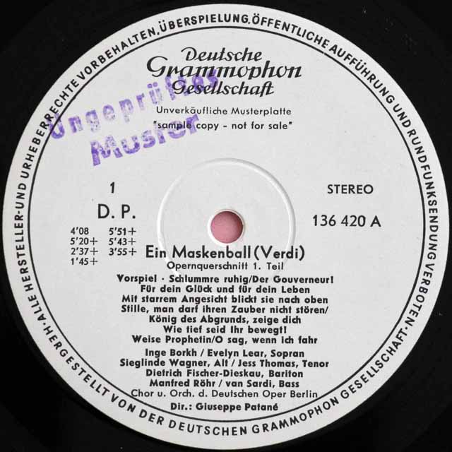 【白レーベル/非売品(テストプレス)】　フィッシャー=ディースカウ、パターネらのヴェルディ/「仮面舞踏会」抜粋　独DGG　3726　LP レコード