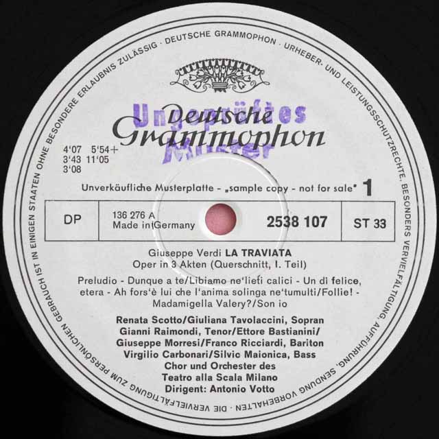 【白レーベル/非売品(テストプレス)】　スコット、バスティアニーニ、ヴォットーらのヴェルディ/「椿姫」抜粋　独DGG　3726　LP レコード