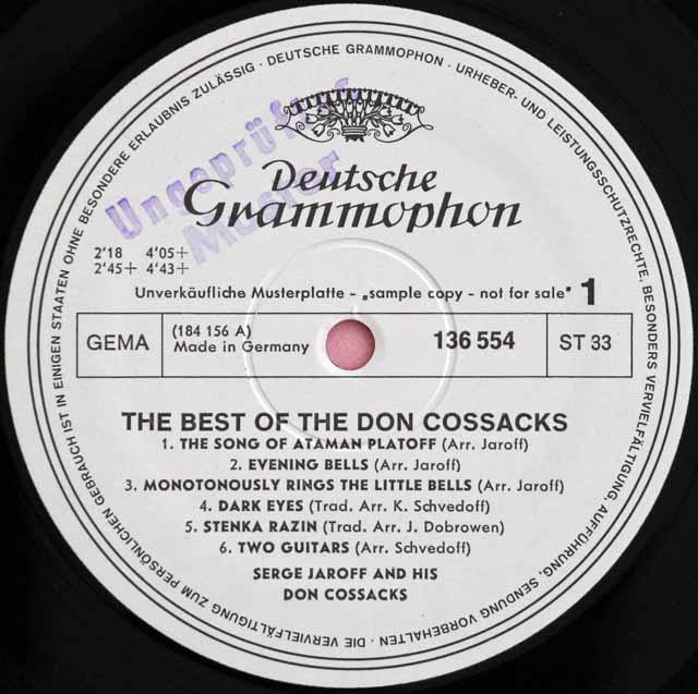 【白レーベル/非売品(テストプレス)】　ドン・コサック合唱団名演集　独DGG　3726　LP レコード