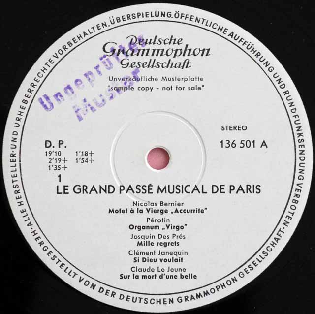 【白レーベル/非売品(テストプレス)】　コルボらの「パリ、栄光ある音楽史」　独DGG　3726　LP レコード