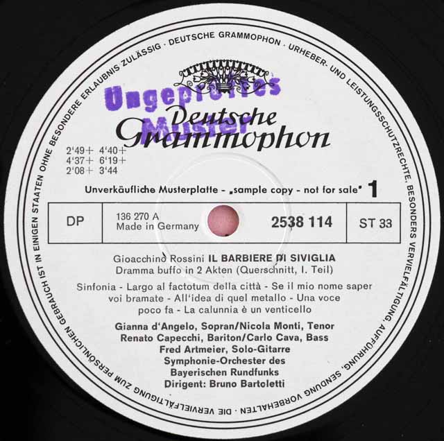【白レーベル/非売品(テストプレス)】　バルトレッティのロッシーニ/「セビリアの理髪師」抜粋　独DGG　3726　LP レコード