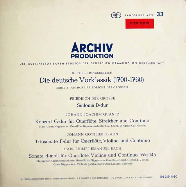 【赤ステレオ】　ドイツのプレ・クラシック　（グロッセ、J.J.クヴァンツ、グラウン、C.P.E.バッハ）　独ARCHIV　3727　LP レコードあ