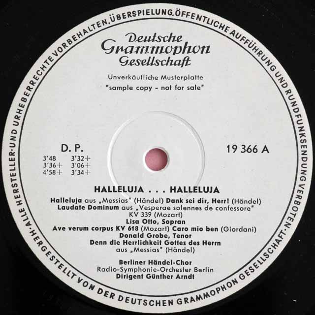 【白レーベル/非売品】　オットー、グローベ、アルントのヘンデル/ハレルヤ・コーラスほか　独DGG　3727　LP レコード