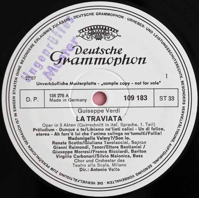 【白レーベル/非売品(テストプレス)】　ヴォットーのヴェルディ/歌劇「椿姫」抜粋　独DGG　3727　LP レコード
