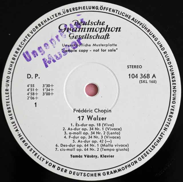【白レーベル/非売品(テストプレス)】　ヴァーシャリのショパン/ワルツ集（17曲）　独DGG　3727　LP レコード