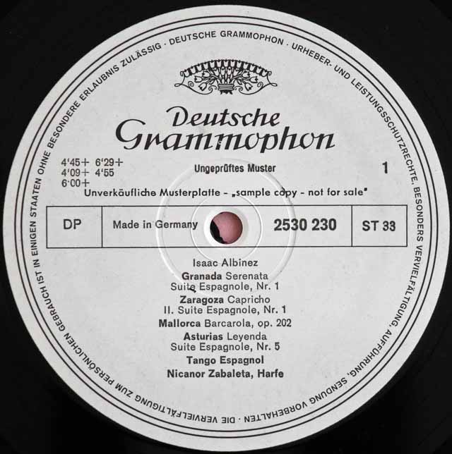 【白レーベル/非売品】　サバレタのスペインのハープ音楽集　（アルベニス、ファリャ、グラナドスほか）　独DGG　3727　LP レコード