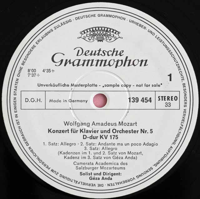 【白レーベル/非売品】　アンダのモーツァルト/ピアノ協奏曲第3、4、5番　独DGG　3727　LP レコード