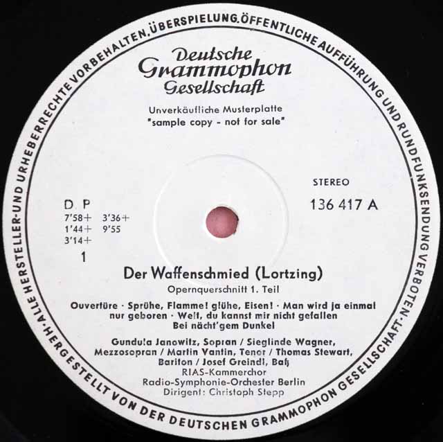 【白レーベル/非売品(テストプレス)】　ヤノヴィッツ、ステップのロルツィング/歌劇「刀鍛冶」抜粋　独DGG　3727　LP レコード