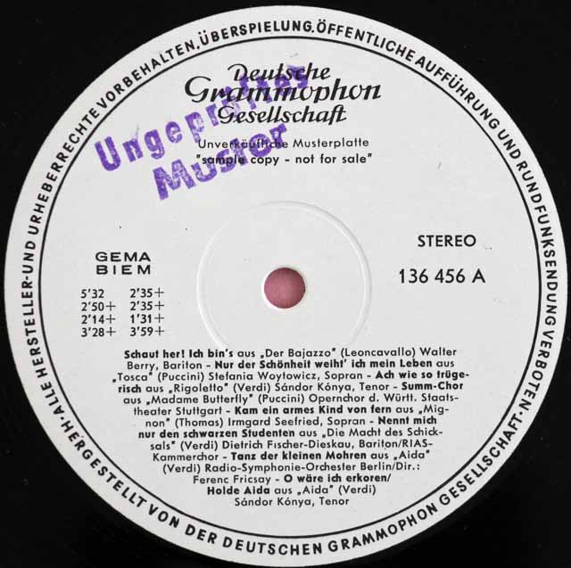 【白レーベル/非売品(テストプレス)】　ベリー、ゼーフリート、ベリー、ディースカウらのオペラ名曲集　独DGG　3727　LP レコード