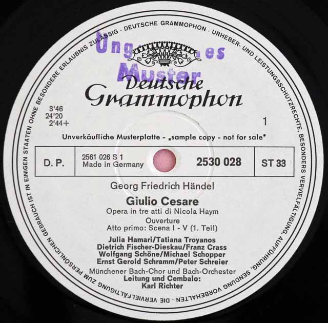 【白レーベル/非売品(テストプレス)】　リヒターのヘンデル/「ジューリオ・チェーザレ」全曲　独DGG　3727　LP レコード