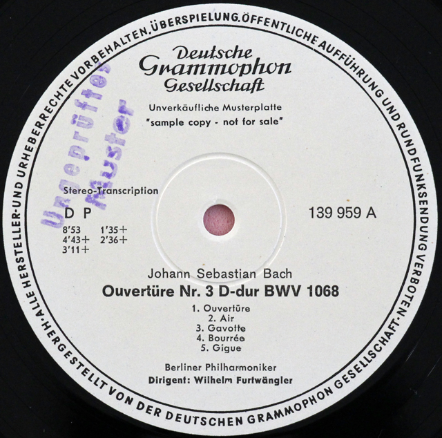 独未発売盤【白レーベル/非売品(テストプレス)/疑似ステレオ】　フルトヴェングラーのバッハ/管弦楽組曲第3番 ほか　独DGG　3728　LP レコード