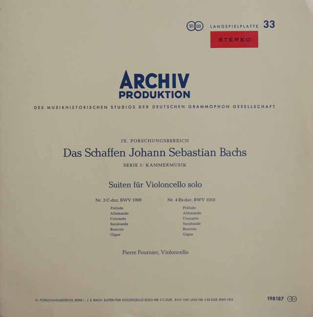 【赤ステレオ・オリジナル盤】　フルニエのバッハ/無伴奏チェロ組曲第3、4番　独ARCHIV　3729　LP レコード