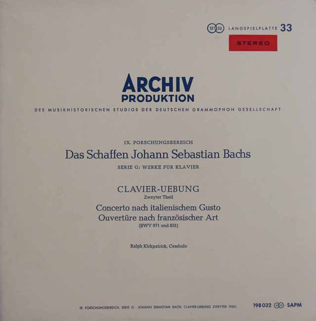 【赤ステレオ・オリジナル盤】　カークパトリックのバッハ/イタリア協奏曲ほか　独ARCHIV　3731