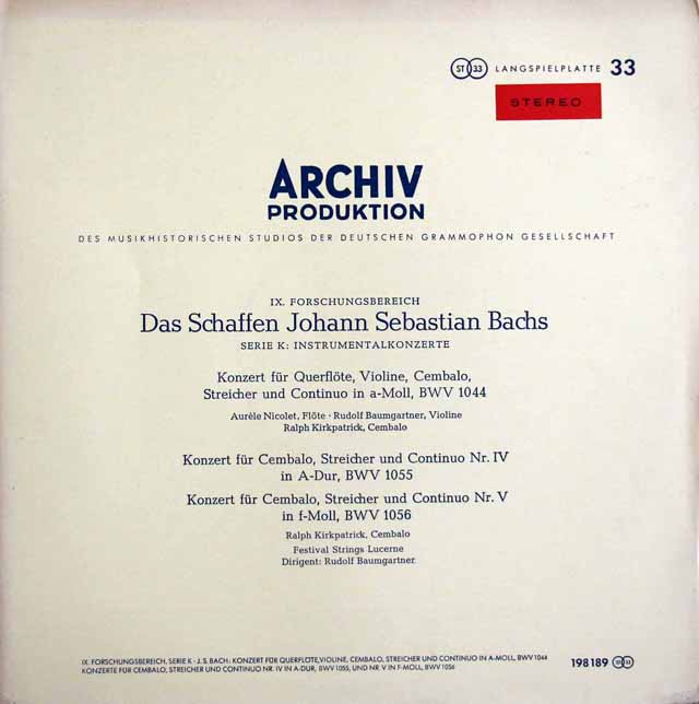 【赤ステレオ・オリジナル盤】　ニコレ、バウムガルトナーのバッハ/フルート、ヴァイオリンとチェンバロのための三重協奏曲ほか　独ARCHIV　3732　LP レコード