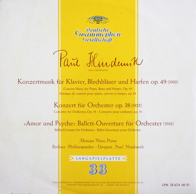 アース、ヒンデミットのヒンデミット/ピアノ、金管と2台のハープのための協奏音楽ほか　独DGG　3736　LP　レコード