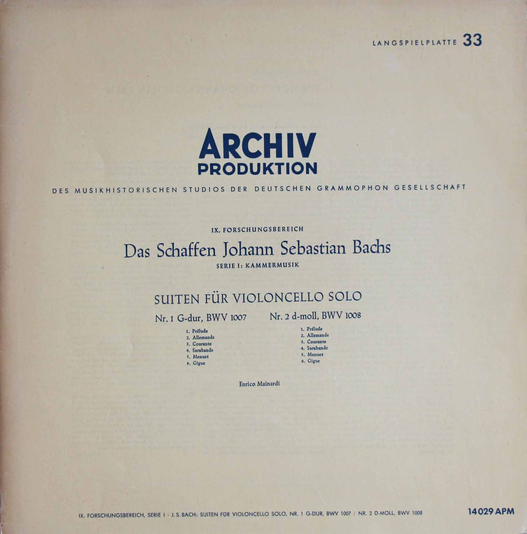 マイナルディのバッハ/無伴奏チェロ組曲第1&2番　独ARCHIV　3803　LP レコード