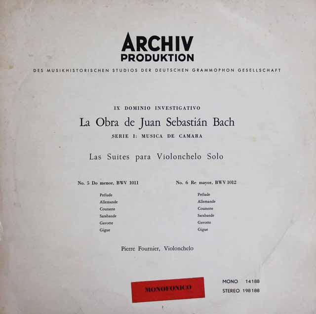【モノラル】　フルニエのバッハ/無伴奏チェロ組曲第5、6番　独ARCHIV　3804　LP レコード