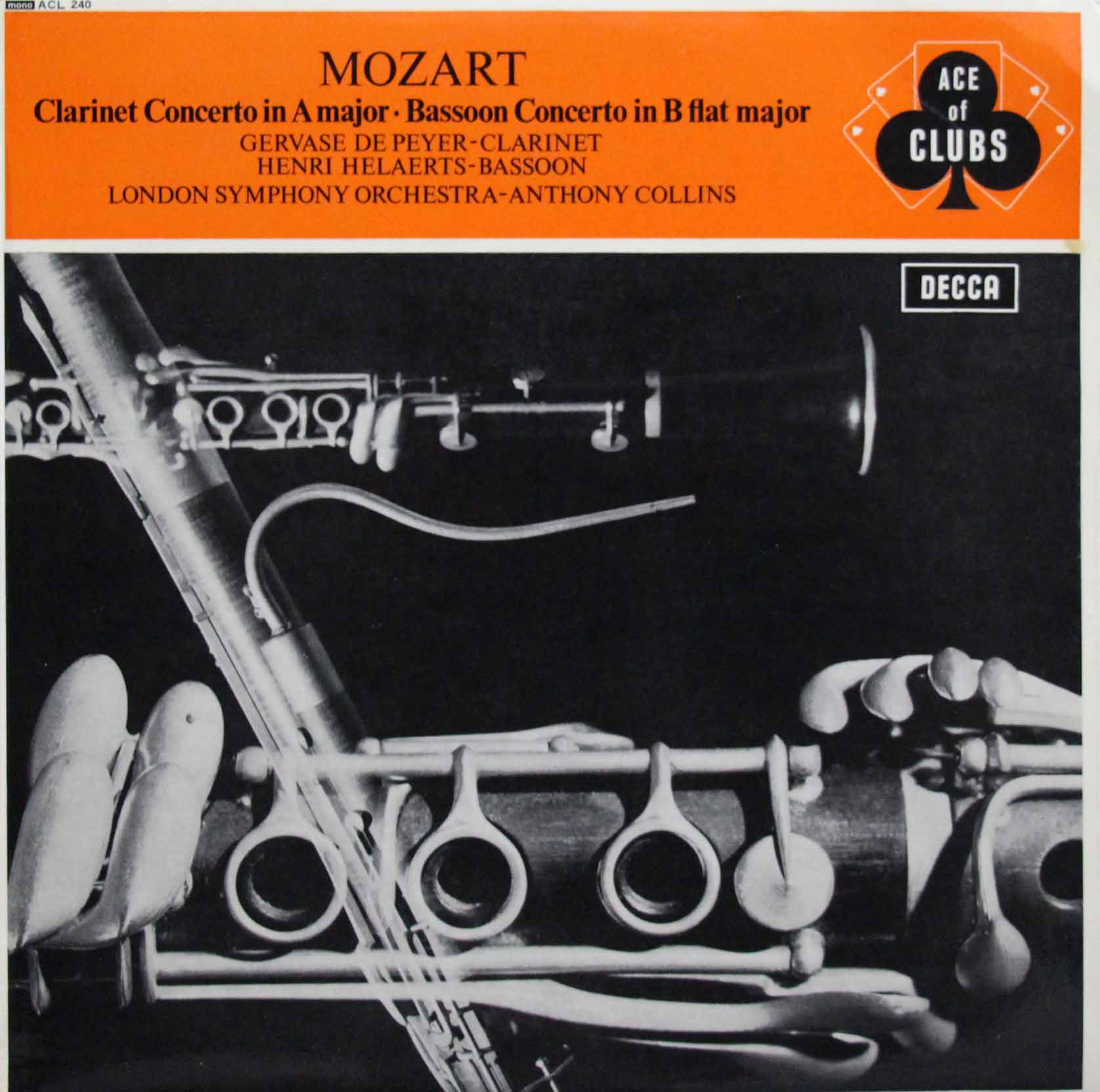 ペイヤー、エラールツ、コリンズのモーツァルト/クラリネット協奏曲 、ファゴット協奏曲　英DECCA　3808　LP レコード
