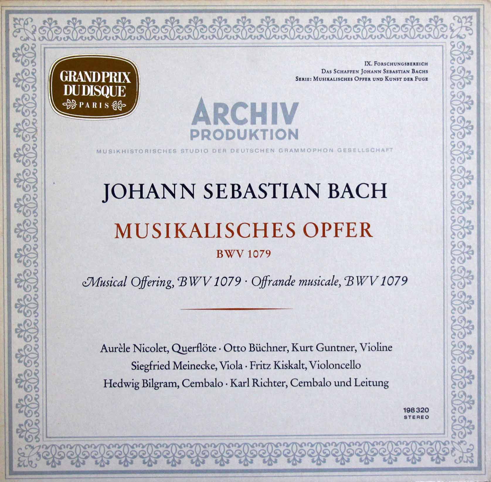 ニコレ&リヒターらのバッハ/音楽の捧げもの　独ARCHIV　3808　LP レコード
