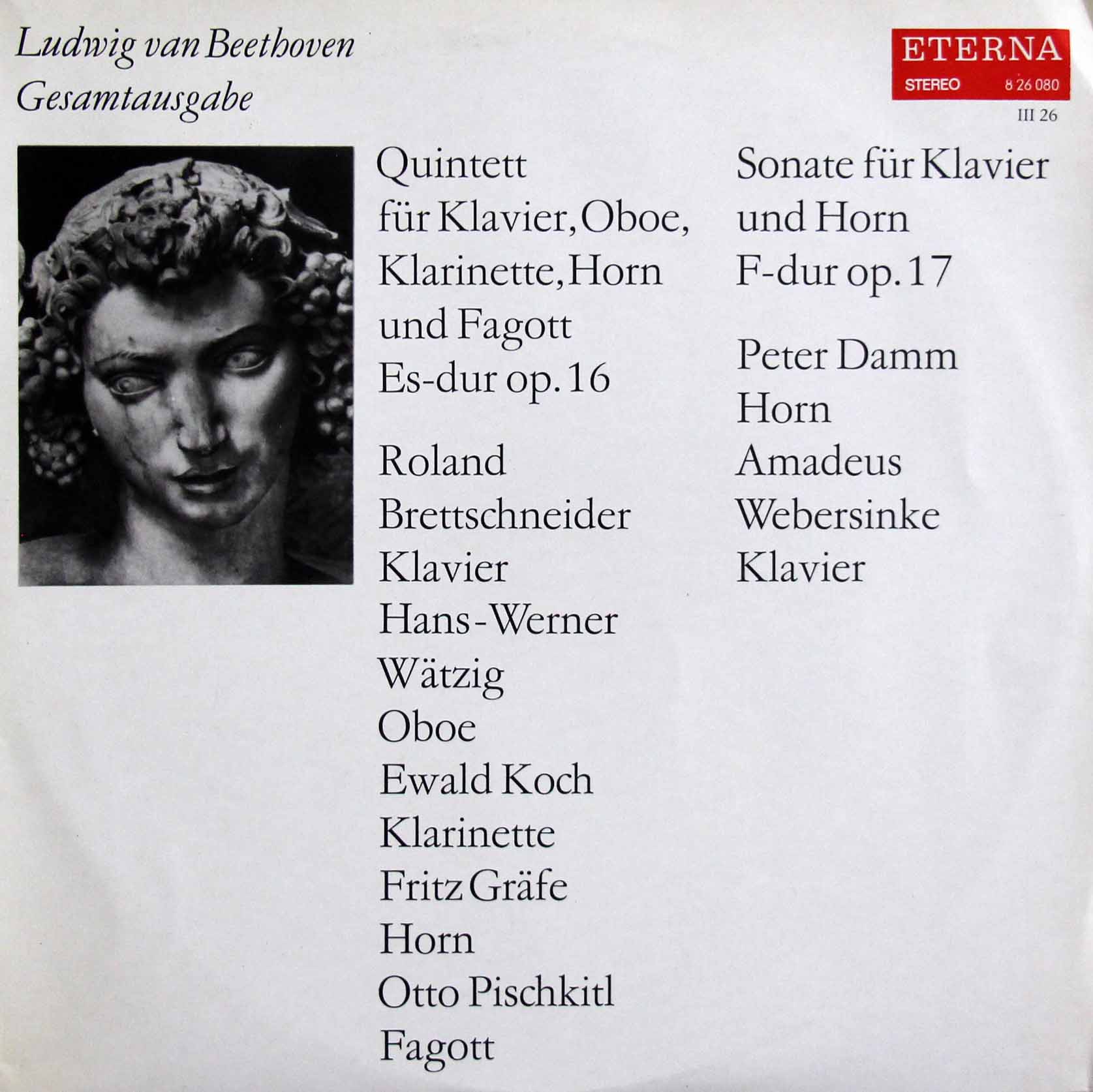 ブレッドシュナイダー、ダムらのベートーヴェン/ピアノと管楽のための五重奏曲ほか　独ETERNA　3808　LP レコード