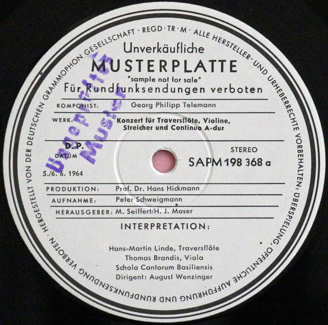 【白レーベル/非売品(テストプレス)】　リンデ、メルクス、ヴェンツィンガーらのテレマン/協奏曲集　独ARCHIV　3810　LP レコード