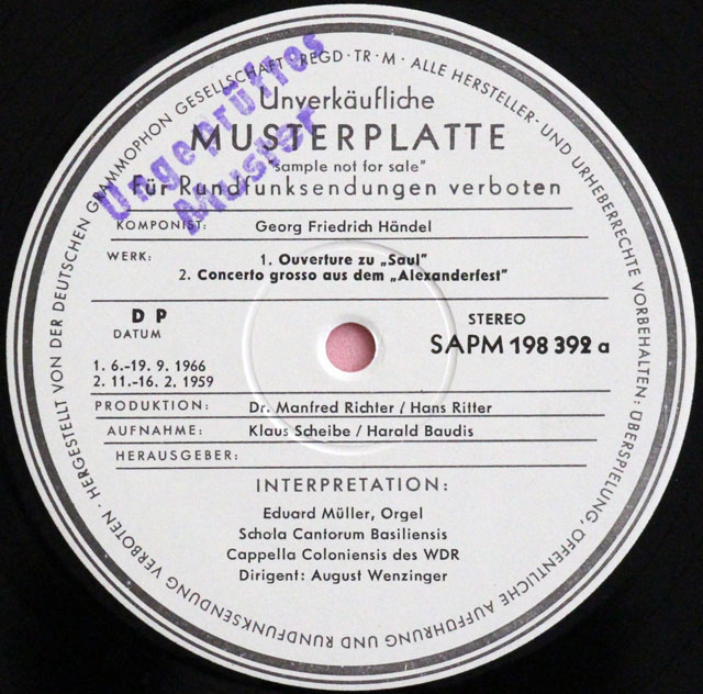 【白レーベル/非売品(テストプレス)】　ヴェンツィンガーのヘンデル/「サウル」序曲 ほか　独ARCHIV　3810　LP レコード