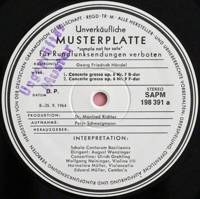 【白レーベル/非売品(テストプレス)】　ヴェンツィンガーのヘンデル/合奏協奏曲 作品6-6、7、９、12番　独ARCHIV　3810　LP レコード