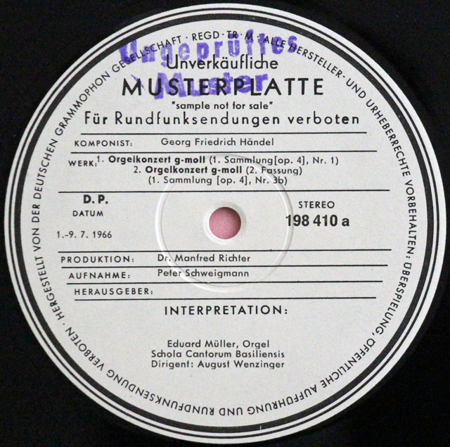 【白レーベル/非売品(テストプレス)】　ミューラー&ヴェンツィンガーのヘンデル/オルガン協奏曲集　独ARCHIV　3810　LP レコード