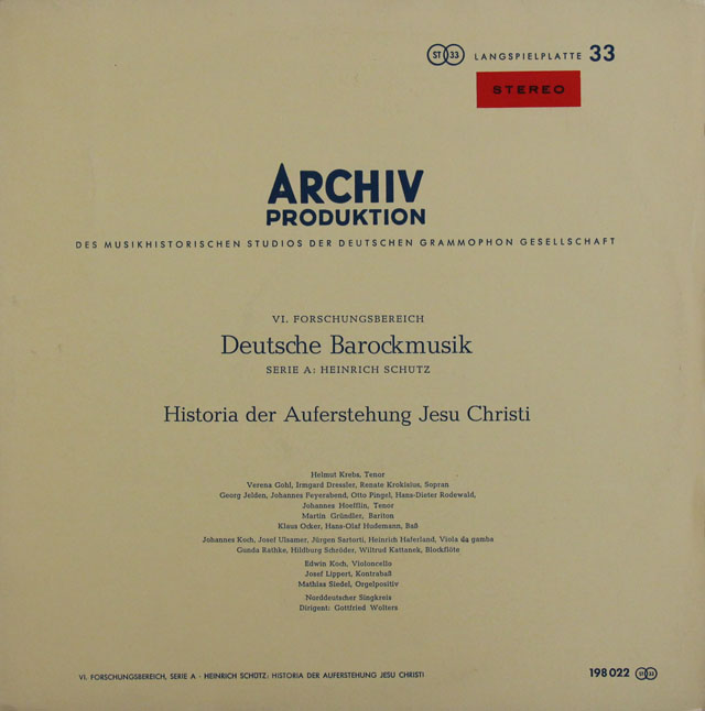 【赤ステレオ、オリジナル盤】　ヴォルタースのシュッツ/「イエスの復活の物語」　独ARCHIV　3829　LP レコード