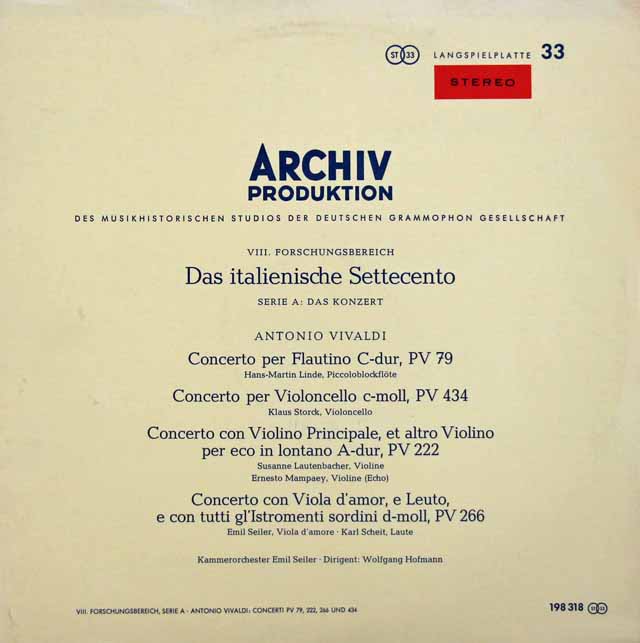 【赤ステレオ】ラウテンバッハーらのヴィヴァルディ/協奏曲集　独ARCHIV　2920　LP レコード