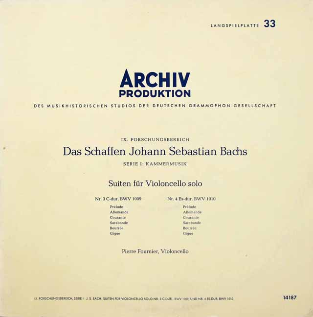 【モノラル】　フルニエのバッハ/無伴奏チェロ組曲第3、4番　独ARCHIV　2928　LP レコード