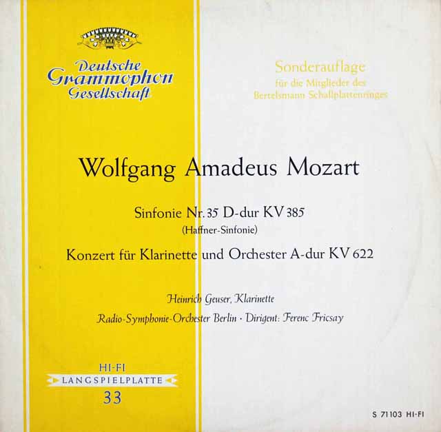 フリッチャイのモーツァルト/交響曲第35番「ハフナー」ほか　独DGG　3735　LP レコード