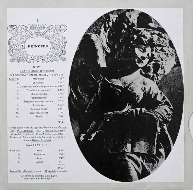 リステンパルトのバッハ/カンタータ第51番、マニフィカト　仏CF　3801　LP レコード