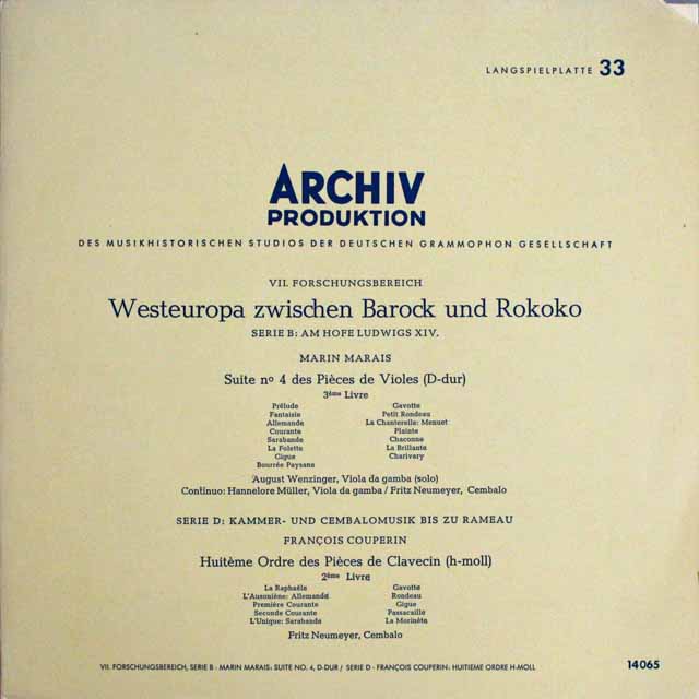 ヴェンツィンガーらのマレ/ヴィオール曲集第3巻からほか　独ARCHIV　3229　LP レコード