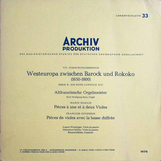 ヴェンツィンガーらのマレ&クープラン/ヴィオール作品集ほか　独ARCHIV　3229　LP レコード