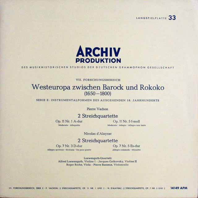 レーヴェングート四重奏団のヴァション、ダレイラク/弦楽四重奏曲集　独ARCHIV　3801　LP レコード