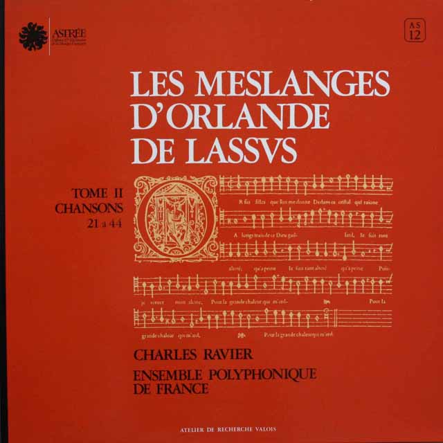 ラヴィエのラッソ/4声のシャンソン　仏ASTREE　3809　LP レコード