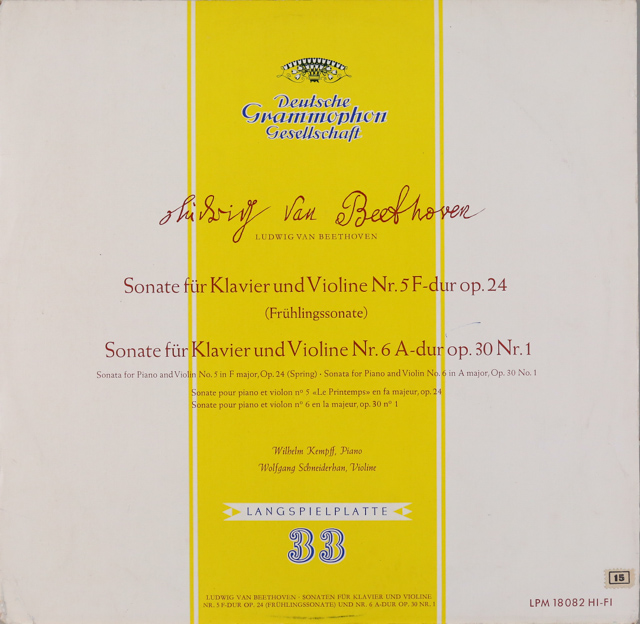 ケンプ、シュナイダーハンのベートーヴェン/ヴァイオリンソナタ第5番「春」、第6番　独DGG　3226　LP レコード