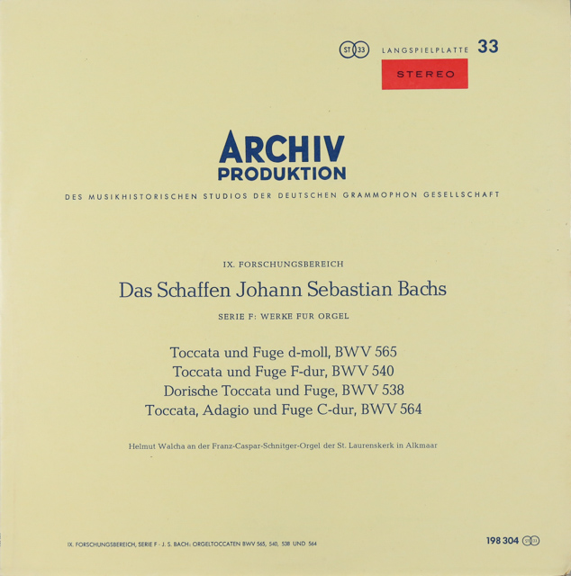 ヴァルヒャのバッハ/トッカータとフーガ　独ARCHIV　3288　LP レコード